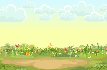 Sandy Glade. Summer meadow. Flowers. Green succulent grass close up. Grassland. Place on the field. Place for a tent. Cartoon style. Flat design. Illustration vector art