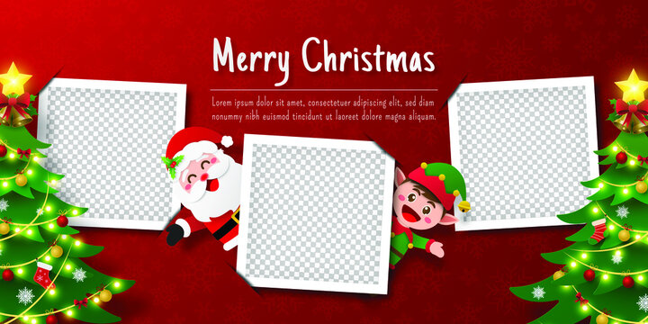 Christmas postcard banner of Santa Claus and elf with blank photo frame