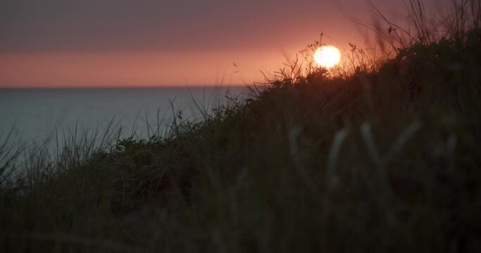 Sunset over the North Sea on the island Sylt with the dunegrass in the foreground