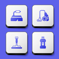Set Brush for cleaning, Vacuum cleaner, Rubber windows and Bottle detergent icon. White square button. Vector