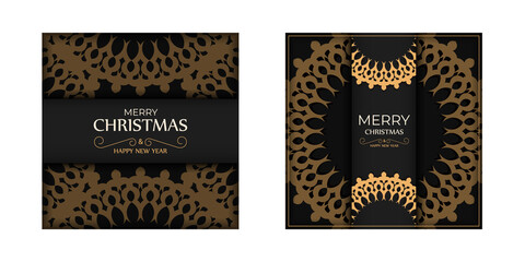 Template Greeting card Merry Christmas and Happy New Year black color with vintage orange pattern