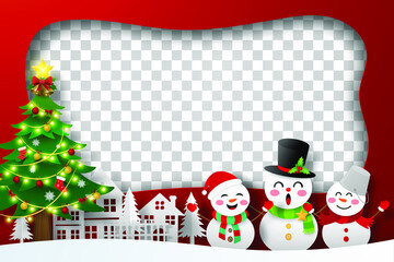 Christmas postcard of Snowman in the village with blank transparent background