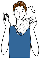 スキンケア マスクの着用が原因で顔に切り傷が出来てしまい困り顔の男性 イラスト シンプル ベクター