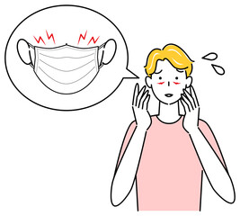 スキンケア マスクの着用が原因で顔に切り傷が出来てしまい困り顔の男性 イラスト シンプル ベクター
