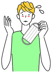 スキンケア マスクの着用が原因で顔に切り傷が出来てしまい困り顔の男性 イラスト シンプル ベクター