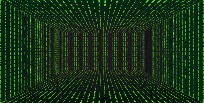 3d Grid perspective room in matrix technology style. Virtual reality tunnel or wormhole. Abstract binary computer code background
