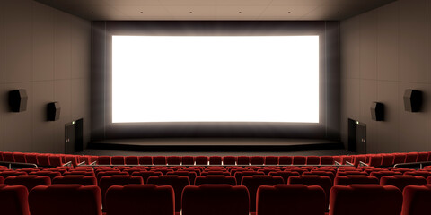赤い椅子の並んだ映画館と眩しく光るスクリーン / 3Dレンダリンググラフィックス / オープニング感・登場感・ティザー用背景素材 - obrazy, fototapety, plakaty