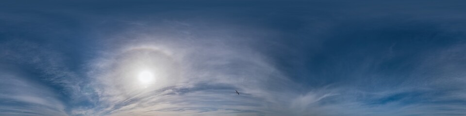 Obraz premium Blue sky panorama with Cirrus clouds. Seamless hdr 360 degree pano in spherical equirectangular format. Complete zenith for 3D visualization, game and sky replacement for aerial drone 360 panoramas.