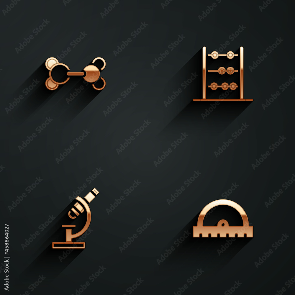 Poster set molecule, abacus, microscope and protractor grid icon with long shadow. vector