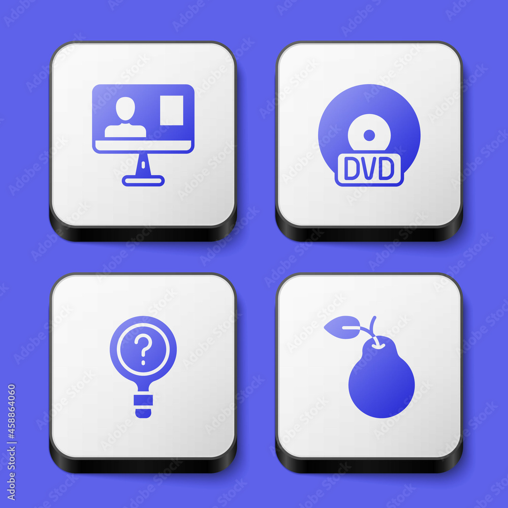 Poster set online class, cd or dvd disk, unknown search and pear icon. white square button. vector