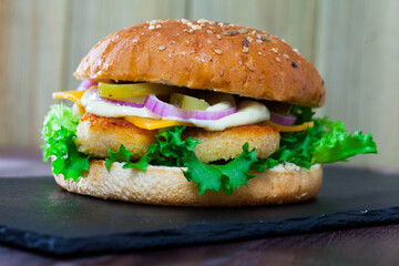 Tasty grilled burger with chicken, cucumber, cheese and lettuce at plate