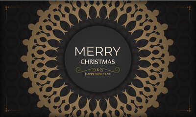 Greeting Brochure Template Merry Christmas and Happy New Year in black with vintage orange ornament