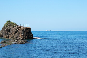 Fototapeta na wymiar 越前　カモメ島と水平線の客船
