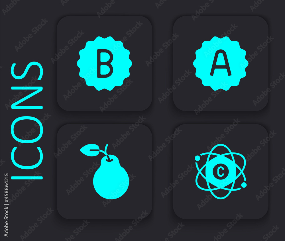 Poster set atom, exam paper with incorrect answers, sheet plus grade and pear icon. black square button. ve