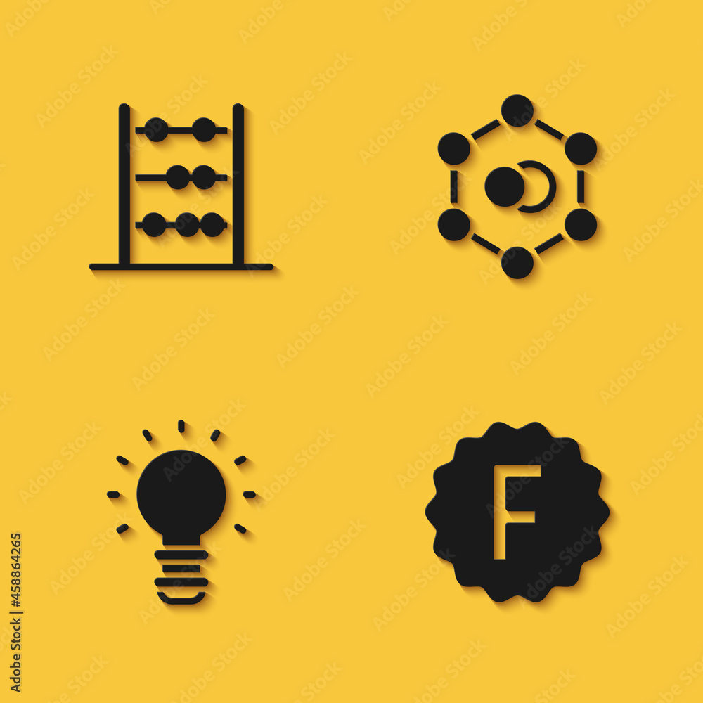 Poster set abacus, exam paper with incorrect answers, creative lamp light idea and molecule icon with long 