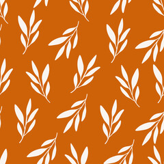 Stoffe zum Nähen Autumn flat vector seamless pattern. Beige leaf shapes on orange background. Harvest season decoration. Floral design, fall print. Wallpaper design, wrapping paper, textile drawing.