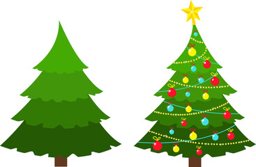 Christmas trees. A set with isolated decorative winter objects - a star, toys, garlands, Christmas trees on a white background. The spruce is green.