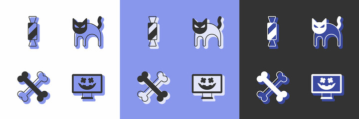 Set Happy Halloween holiday, Candy, Crossed bones and Black cat icon. Vector