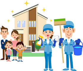 住宅の前に立つ家族と清掃用具を持つ作業着を着た男女
