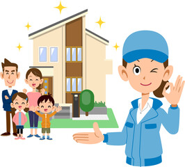 住宅の前に立つ家族とOKのサインを出す青い作業着の女性
