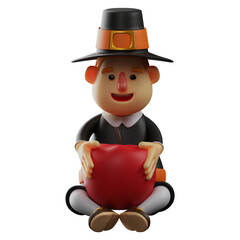 3D Thanksgiving Pilgrim Man Picture having a yummy apple