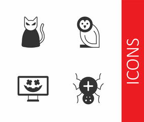 Set Spider, Black cat, Happy Halloween holiday and Owl bird icon. Vector