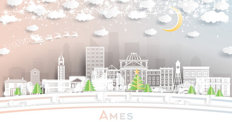 Ames Iowa City Skyline in Paper Cut Style with Snowflakes, Moon and Neon Garland.
