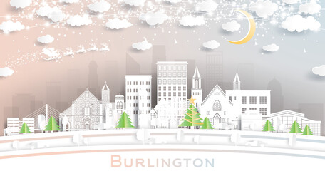 Burlington Iowa City Skyline in Paper Cut Style with Snowflakes, Moon and Neon Garland.
