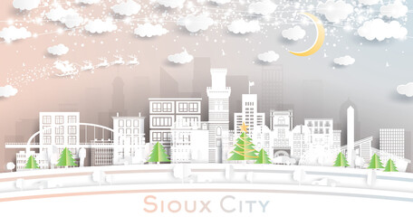 Fototapeta premium Sioux City Iowa City Skyline in Paper Cut Style with Snowflakes, Moon and Neon Garland.