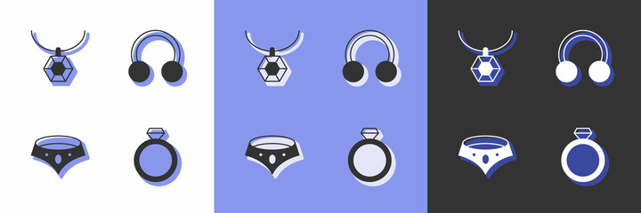 Set Diamond engagement ring, Pendant necklace, Necklace and Piercing icon. Vector