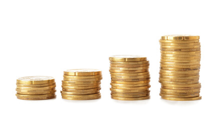 Golden coins on white background