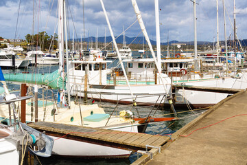 Mooring boats in the port on the shores of Spring Bay - Triabunna, Tasmania, Australia