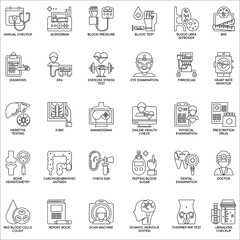 Outline health check up flat icon collection set