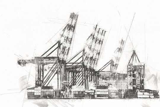 Gdansk harbour- the container terminal near Stogi beach, Pomerania, Poland, illustration, drawing, sketch, vintage, art, painting, vintage, antique, retro