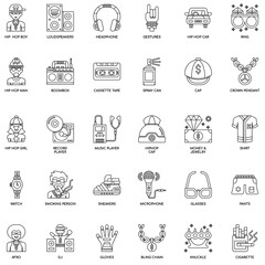 Outline hip hop collection flat icon set