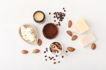Different natural ingredients for homemade cosmetics on white background