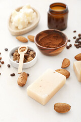 Different natural ingredients for homemade cosmetics on white background