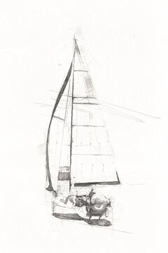 Sailing yachts sailing on the lake, in the background developing clouds, illustration, drawing, sketch, vintage, art, painting, vintage, antique, retro