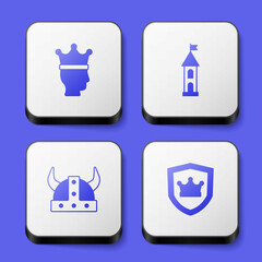 Set King crown, Castle tower, Viking horned helmet and Shield with icon. White square button. Vector
