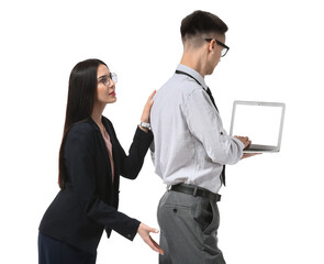 Beautiful young secretary seducing her boss on white background. Concept of harassment