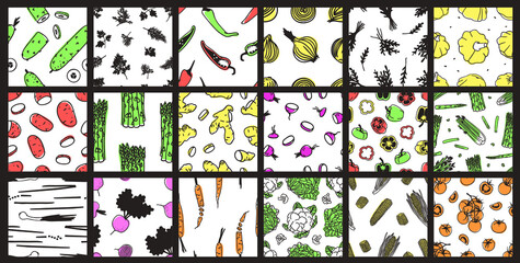 Hand drawn Big set of seamless patterns with vegetables and fruits. Vector artistic drawing food. Vegan illustration meal