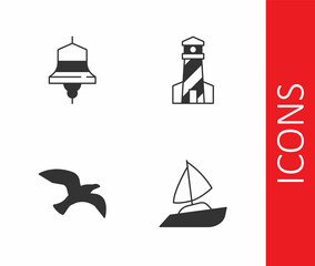 Set Yacht sailboat, Ship bell, Bird seagull and Lighthouse icon. Vector