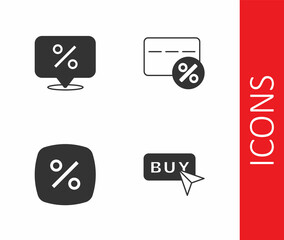 Set Buy button, Discount percent tag, and card with icon. Vector