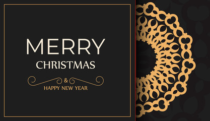 Fototapeta na wymiar Holiday card Merry Christmas and Happy New Year in black with luxury orange pattern
