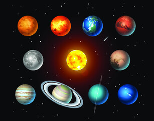 Obraz na płótnie Canvas Vector set of Solar System objects: Sun, Moon, Pluto and Planets on space background