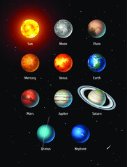 Vector set of Solar System objects: Sun, Moon, Pluto and Planets on space background