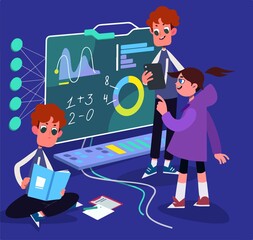 Vector illustration in flat style - online education concept people studying near big tablet pc with e-book and online course
