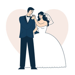 Beautiful wedding couple. Bride and groom. Doodle vector illustration
