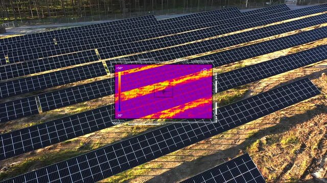 Thermal camera drone checking a photovoltaic system, solar panel field - 3d animation