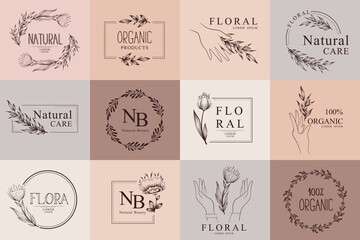 Collection of vector hand drawn floral logo templates with hands, flowers, leaves and branches in natural colors. Elegant design concept with frames, wreaths and borders